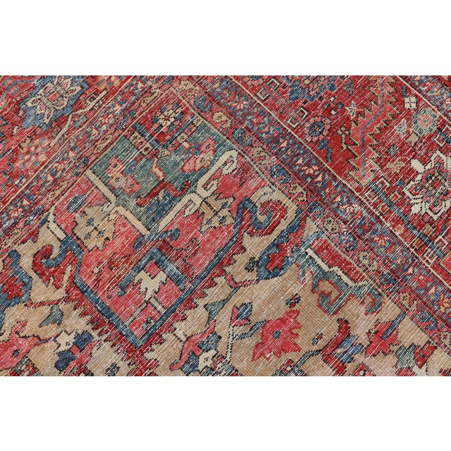 Antique Persian Heriz Serapi Rug With Blue Field Geometric Medallion Design For Sale - Image 17 of 17