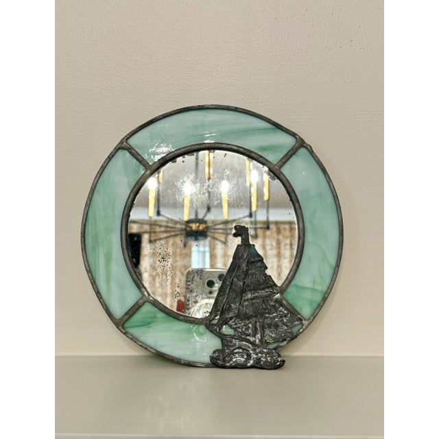 Nautical Vintage Coastal Stained Glass & Pewter Finish Ship Accent Mirror For Sale - Image 3 of 11