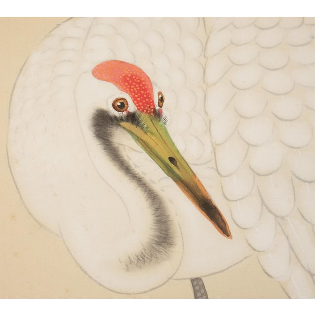 Tan Taisho to Showa Era Japanese Silk Scroll Painting "Two Cranes and a Pine Tree" For Sale - Image 8 of 18