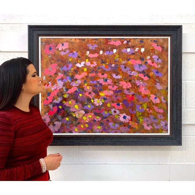 Painting of Abstract Red, Pink, Yellow & White Wild Flowers on a Natural Earthy Brown Background by British Contemporary...