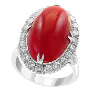 10 Carat Natural Coral and 1.5 Carat Diamond Ring 14 Karat White Gold, Estate For Sale