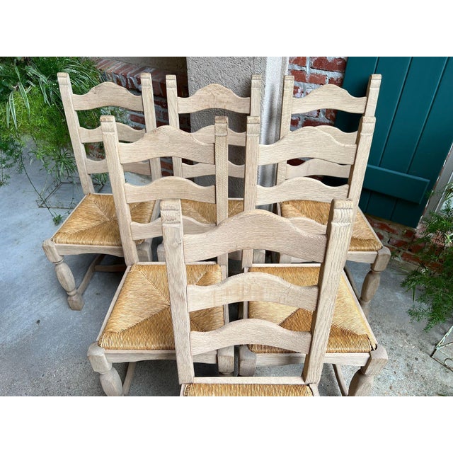 Mid 20th Century Set 6 Vintage French Ladder Back Dining Chairs Rush Seat Bleached Oak Farmhouse For Sale - Image 5 of 18