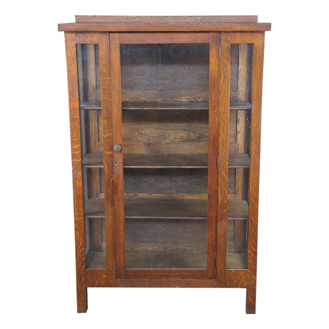 Antique Mission Arts & Crafts Quartersawn Oak Bookcase China Display Cabinet 63" For Sale