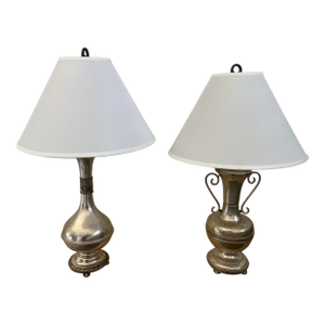 Vintage Metal Table Lamps With Lampshades - Set of 2
