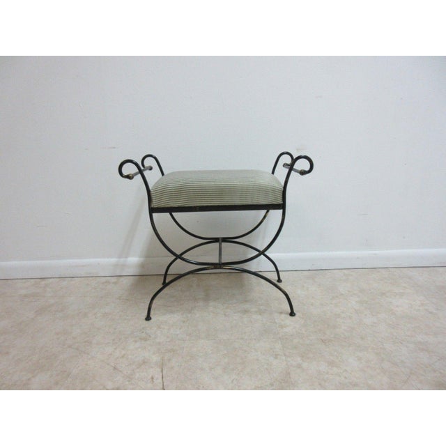 Vintage Wrought Scroll Iron Italian Regency Vanity Stool Bench Seat