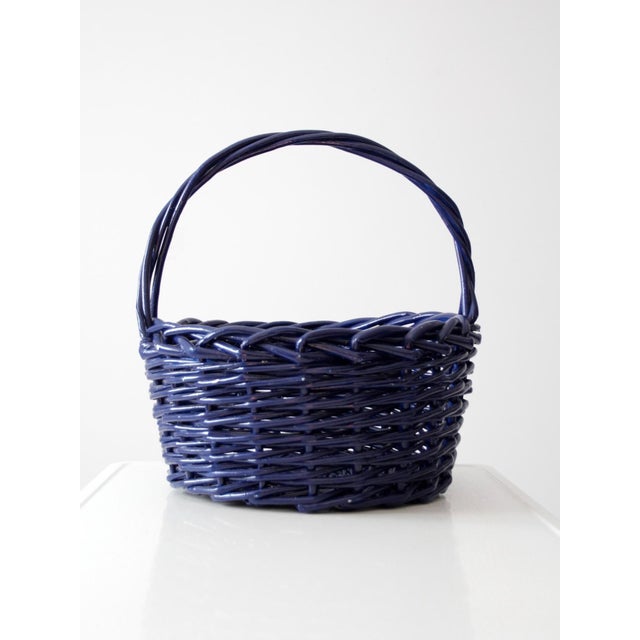 Blue Large Vintage Blue Wicker Basket With Handle For Sale - Image 8 of 13