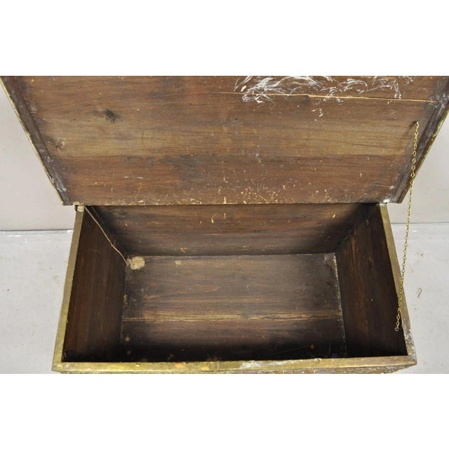 Antique English Victorian Brass Figural Repousse Coal Bin Storage Blanket Chest For Sale - Image 9 of 12