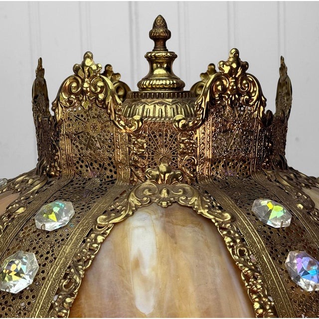 Vintage 40" Hollywood Regency Gold Slag Glass Jeweled Crown Table Lamp For Sale - Image 6 of 13