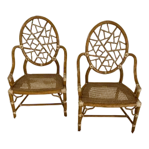 1970s Vintage McGuire Rattan, Cane and Leather Cracked Ice Chairs - A Pair