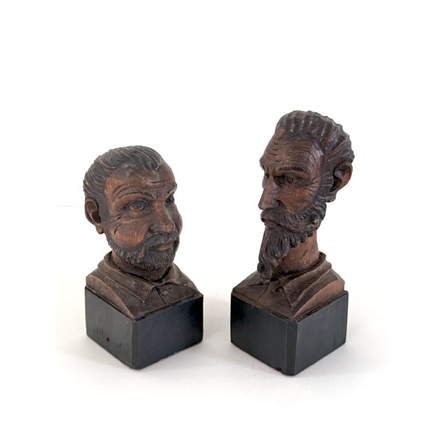 Hand carved wood busts from Ouro Artesania Spain, circa 1970s. These two small busts feature the famous literary...