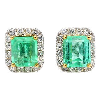 2.60 Carat Emerald Cut Emerald and Diamond Halo 18k Two Tone Gold Stud Earrings, Pair For Sale