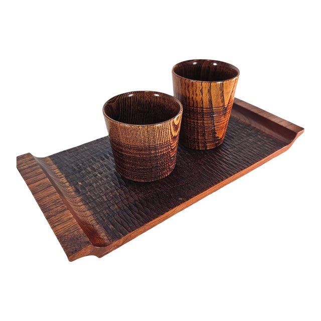 Japanese Suriurushi Lacquered Wood Tray and Cups Set, Hand Carved Modernist Design 13.5" For Sale
