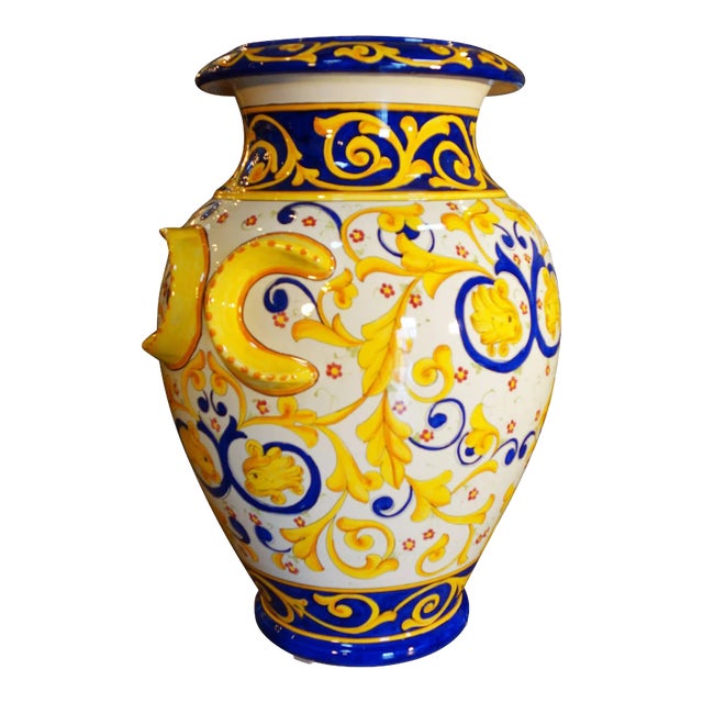 Contemporary Antique Italian Reproduction Deruta Hand Painted Majolica Orci Vase For Sale