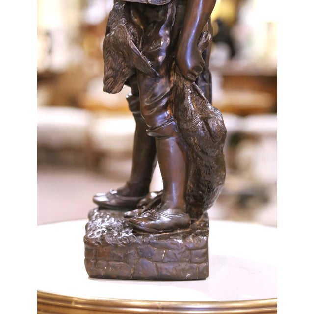 Bronze Mid 20th Century Mid-Century French Patinated Bronze Sculpture of a Young Hunter With Hare For Sale - Image 8 of 10