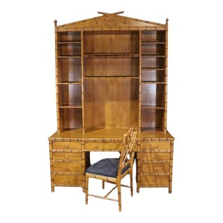 Mid 20th Century Bamboo Style Desk W/ Bookcase - Set of 2 For Sale