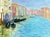 Oil painting on board of a Venice canal scene with buildings on either side, a gondola with passengers in the center and...