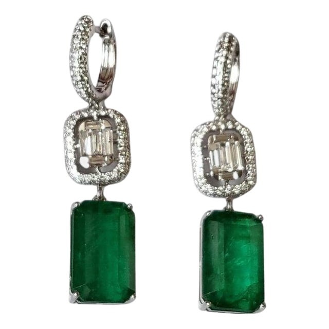 Set in 18k White Gold, Natural Zambian Emerald & Diamonds Dangle Earrings, Pair For Sale