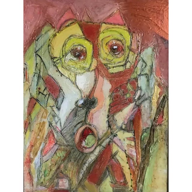 Modernist figurative mixed media abstract painting on canvas by Janice Schuler. Signed lower edge and on the verso signed...