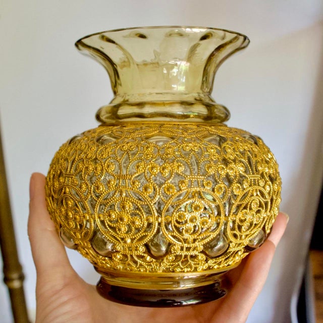 Late 19th Century Adolf Heyden for Fritz Heckert Antique Glass Vase – Brass Caged Olive Green Art Glass, Circa 1880s For Sale - Image 5 of 5