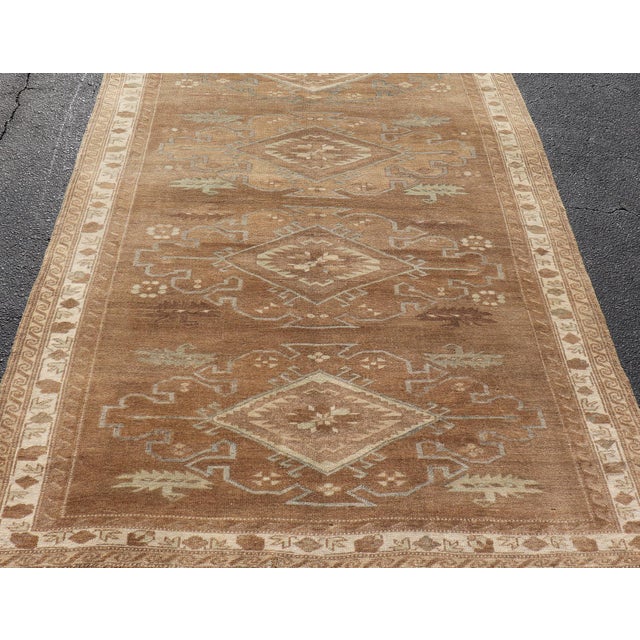 Tribal Medallion Design Turkish Antique Kars Oushak Rug in Warm Brown Tones For Sale - Image 11 of 13