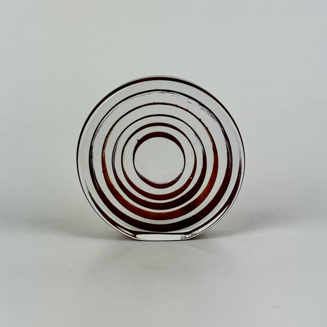 Modern 1980s Signed Vintage Modern Round Around Art Glass Sculpture With Layered Ribbons of Deep Orange & Purple For Sale - Image 3 of 10