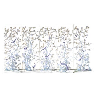 Gold Leaf Chinoiserie Hand-Painted Purple Bird & Floral Wall Panels (Set of 5) For Sale