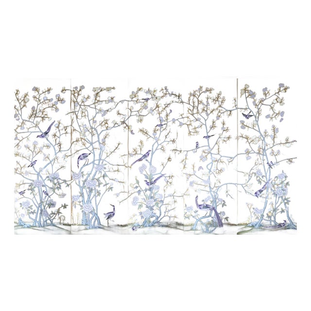 Gold Leaf Chinoiserie Hand-Painted Purple Bird & Floral Wall Panels (Set of 5) For Sale