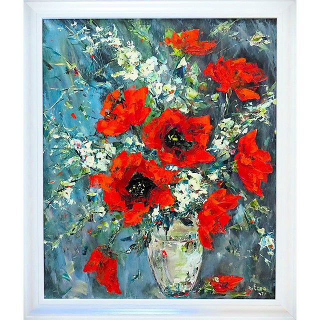 FREE SHIPPING ANYWHERE IN THE CONTINENTAL US! This is a colorful vintage still life painting featuring deep red poppies....