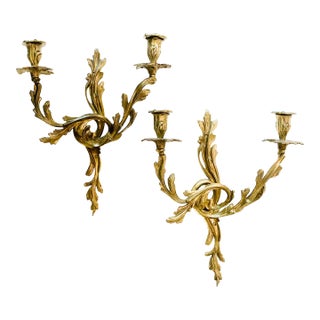 Vintage French Rococo Gilt Bronze Wall Mounted Candle Holders- a Pair For Sale