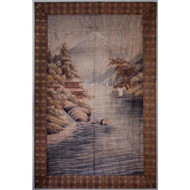 Japanese hand-embroidered textile panel from the second half of the 19th century with an impressive view of the lake under...