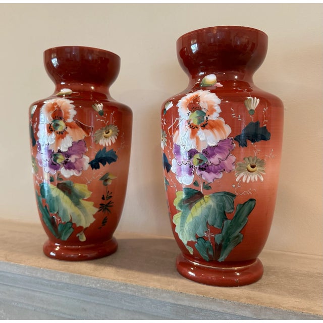 Glass Pair of Large Bristol Milk Glass Victorian Floral Hand Painted Vases For Sale - Image 7 of 14