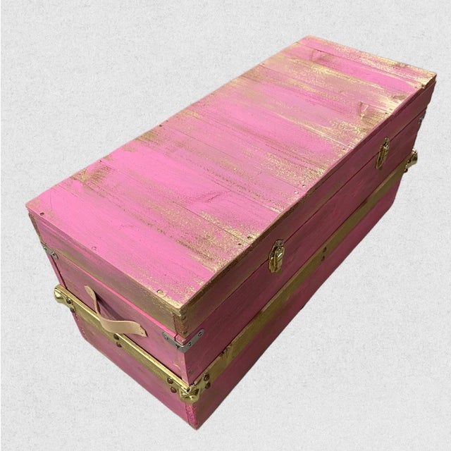 Art Deco Handcrafted Steamer Trunk in Golden Pink For Sale - Image 3 of 5
