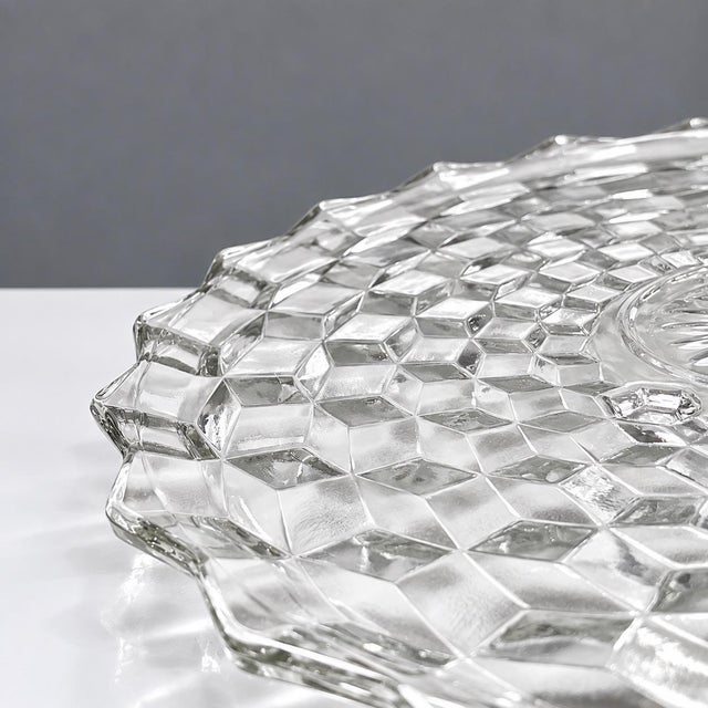 Vintage Fostoria American Clear Glass Block Optic Three Footed Cake Torte Plate For Sale In New York - Image 6 of 8