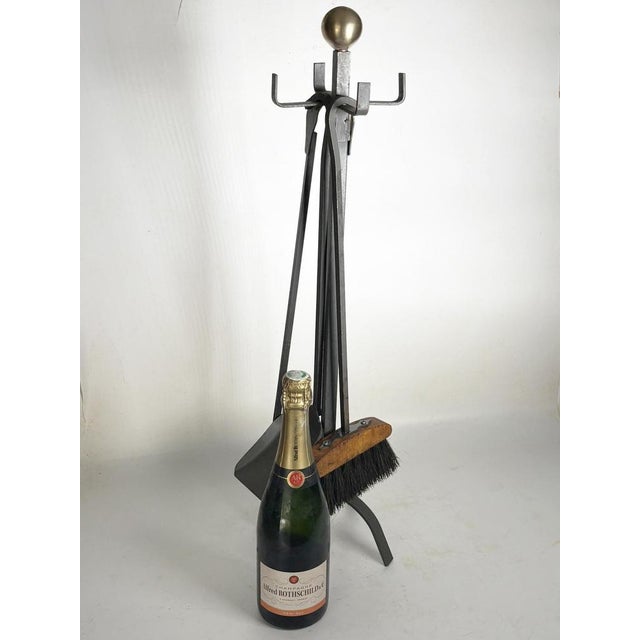 Brass and Iron Fire Tools on Stand, France, 1950, Set of 3 For Sale - Image 3 of 11