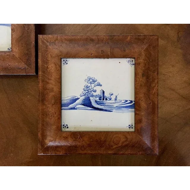 Delft 18th Century Dutch Delft Blue & White Tin Glaze Faience Tiles in Burl Walnut Frames - A Pair For Sale - Image 4 of 9
