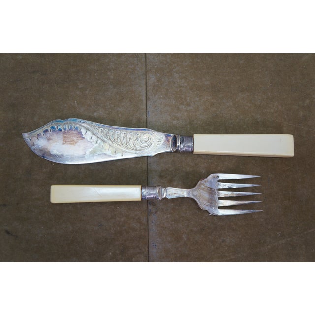 Metal Antique Victorian Silverplate Celluloid Fork Knife Fish Serving Set With Box - 27 pcs For Sale - Image 7 of 18