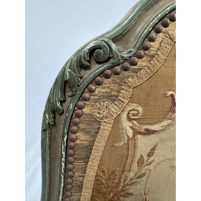 Antique French Louis XV Style Painted Firescreen | Aubusson-Style Tapestry Panel | Sage Green Cabriole Legs | 37in For Sale - Image 13 of 18