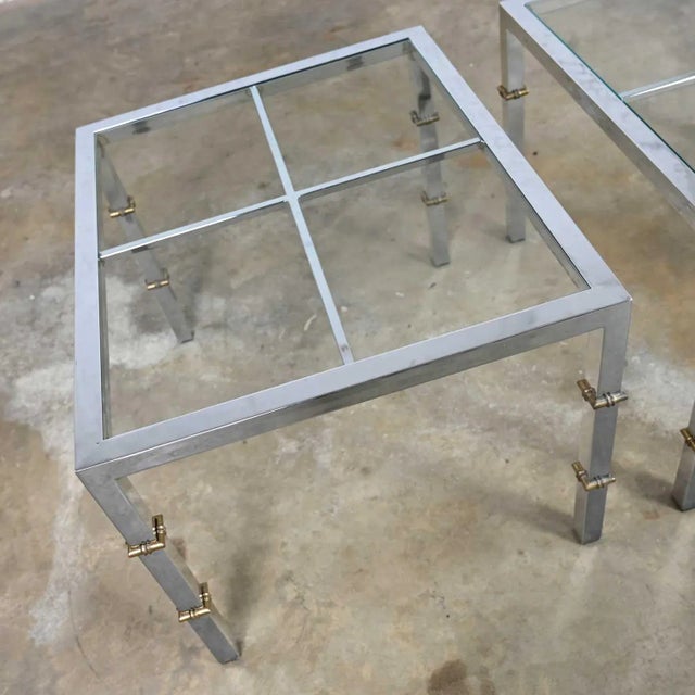 Maison Jansen Hollywood Regency Chrome & Glass Square End Tables Brass Details a Pair Style of Maison Jansen For Sale - Image 4 of 13