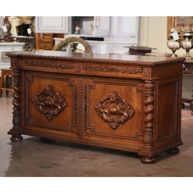 19th Century French Louis XIII Carved Oak Buffet With Parquetry Top For Sale In Dallas - Image 6 of 12