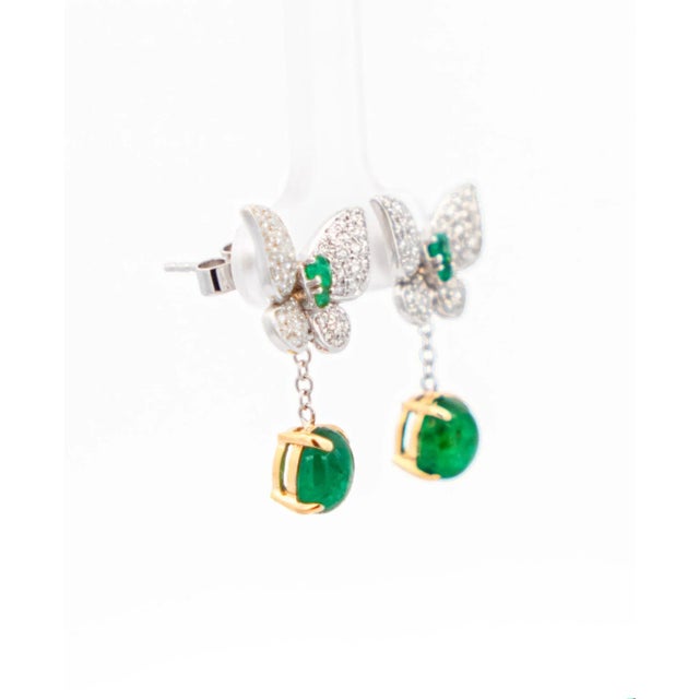 2.5 Carat Cabochon Cut Emerald and Diamond Butterfly Drop Earrings in 18K White For Sale - Image 4 of 8