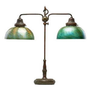 American Tiffany Studios Patinated Bronze Favrile Glass Two-light Desk Lamp