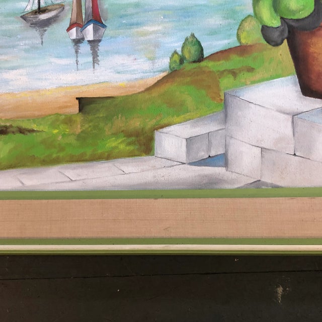 1970s Original Vintage Still Life Painting With View of Sailboats Vintage Frame For Sale - Image 5 of 7