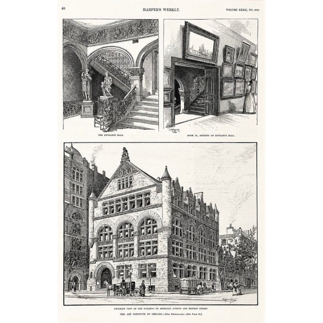 Rare original antique wood engraving from Harper’s Weekly featuring views of the newly completed Art Institute of Chicago,...