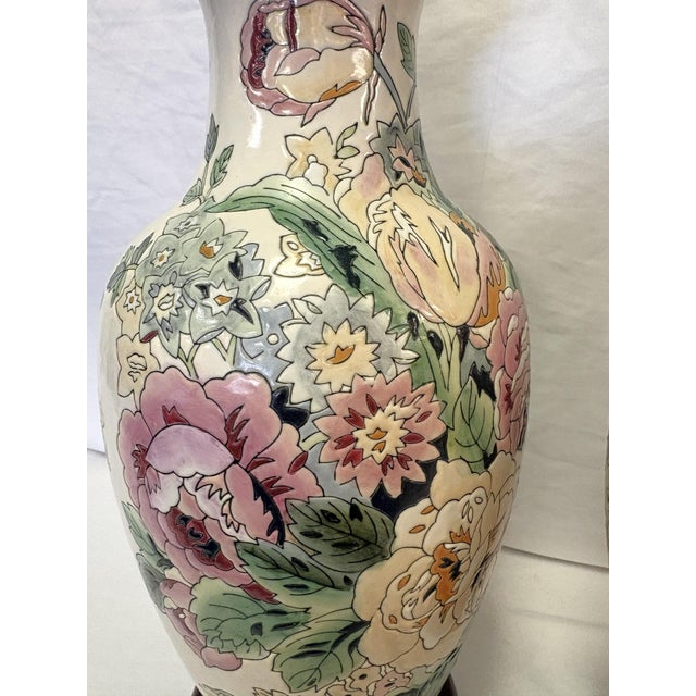 Ceramic Vintage Ceramic Vase Lamps With Elegant Floral Design on Wood Plinths- A Pair For Sale - Image 7 of 15