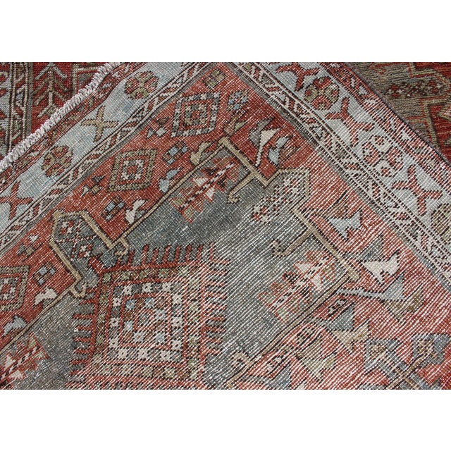 Sub-Geometric Medallion Design Persian Heriz Antique Runner in Red and Gray-Blue For Sale - Image 11 of 12