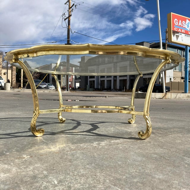 Mid-Century Modern Scalloped Brass & Glass Coffee Table Manner of Labarge Italy For Sale - Image 3 of 13