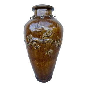 Antique Ming Dynasty Stoneware Large Maryann Storage Jar Vase With Dragons