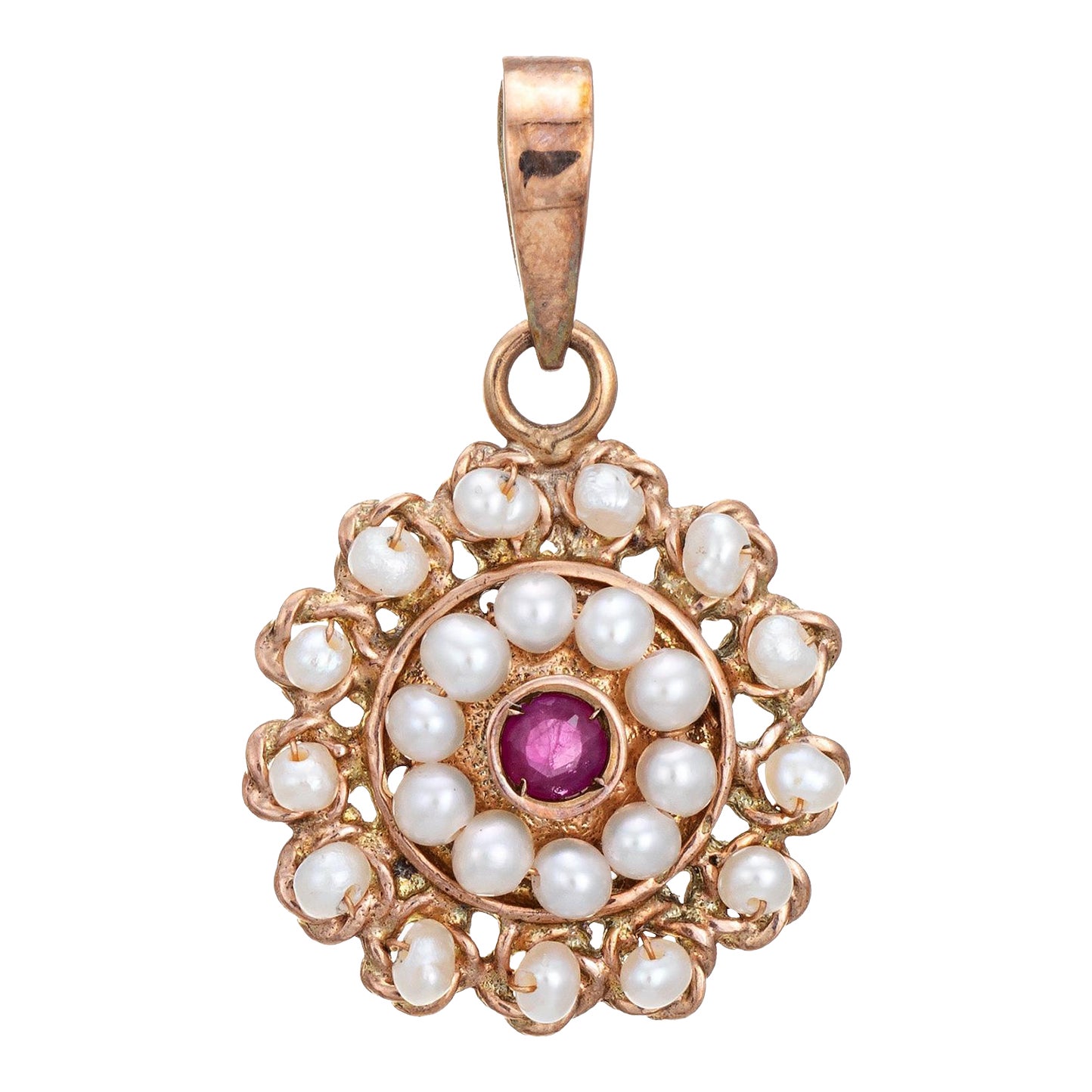 Ruby Cultured Pearl Small Pendant 14k Yellow Gold Vintage Fine