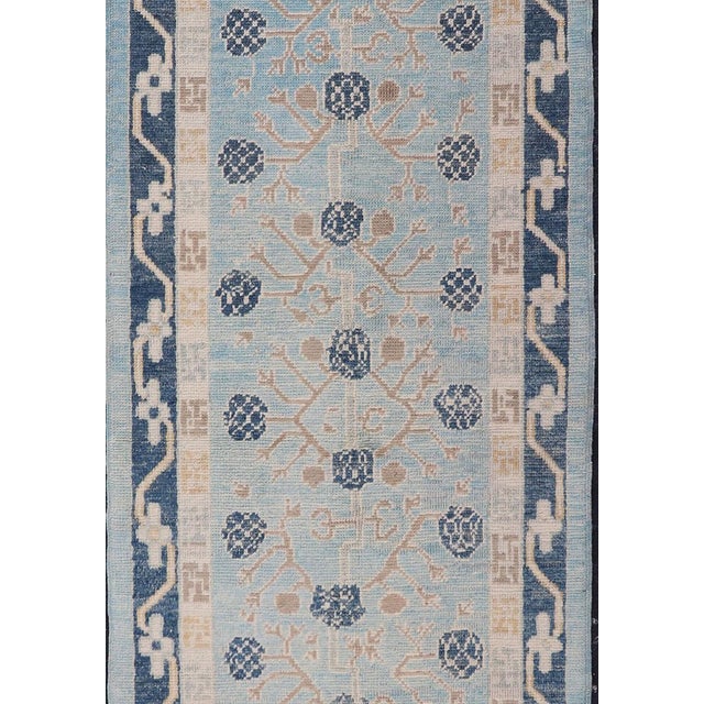 Traditional Turkish Khotan Designed Runner With Pomegranate Design in Cream, Tan and Blues For Sale - Image 3 of 11