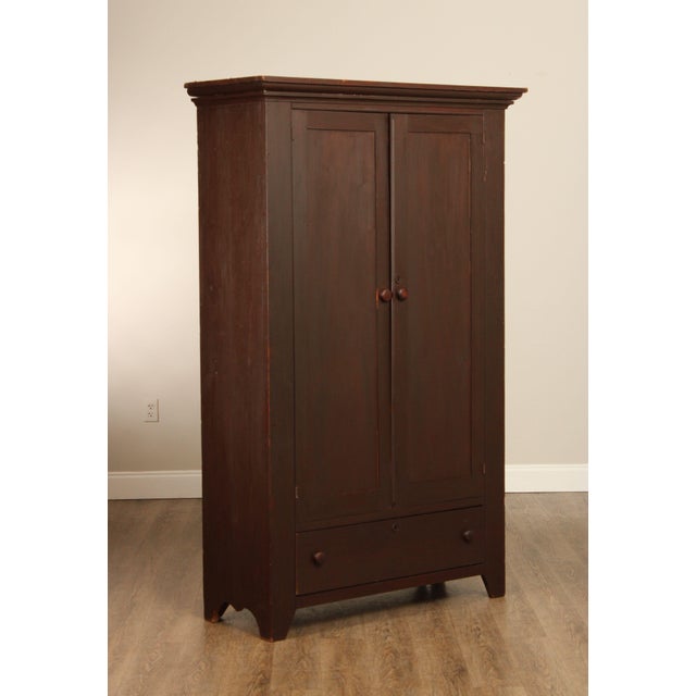 High Quality Antique 19th Century Painted Armoire with Pair of Doors Opening to Hooks, Above Dovetailed Drawer